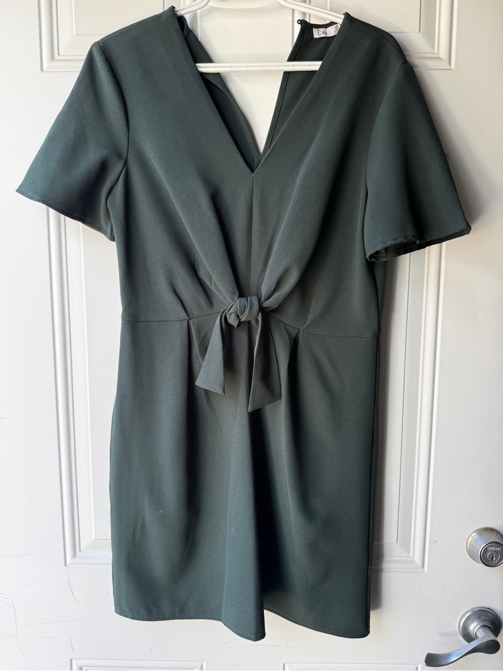 Dex Dark Green V-Neck Tie-Front Short Sleeve Dress